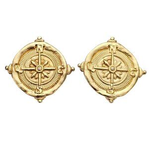 Susan Shaw Gold Tone Clip On Compass Round Earrings, Signed C714